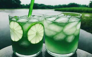 Refreshing summer drink with ice and lime. Generative AI. photo