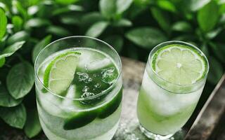 Refreshing summer drink with ice and lime. Generative AI. photo