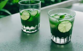 Refreshing summer drink with ice and lime. Generative AI. photo