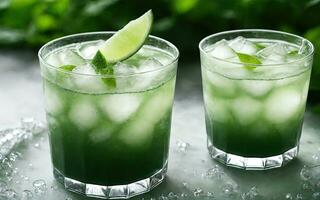 Refreshing summer drink with ice and lime. Generative AI. photo