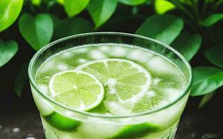 Refreshing summer drink with ice and lime. Generative AI. photo