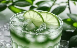 Refreshing summer drink with ice and lime. Generative AI. photo