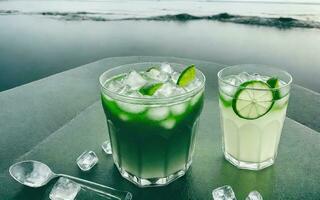 Refreshing summer drink with ice and lime. Generative AI. photo