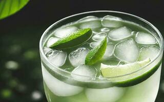 Refreshing summer drink with ice and lime. Generative AI. photo