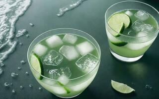 Refreshing summer drink with ice and lime. Generative AI. photo