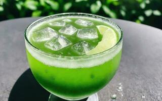 Refreshing summer drink with ice and lime. Generative AI. photo