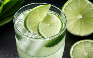 Refreshing summer drink with ice and lime. Generative AI. photo