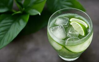 Refreshing summer drink with ice and lime. Generative AI. photo