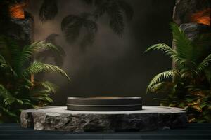 antique stone round podium overgrown with uneven cracks. ideal for presentations. around the bright tropical jungle in a luxury dark background photo