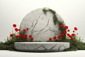 a white stone marble podium with an arch and moss on it, with poppies and field herbs growing behind. gray minimalistic background photo