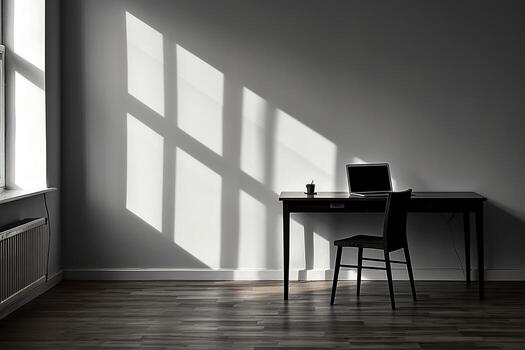 Desk with computer and chair in an empty room. Beautiful shadow on the wall. Remote work concept. Generative AI photo