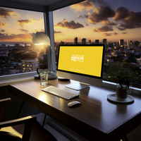 Desktop computer mockup with city view AI Generative psd