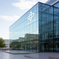 a large glass building with a large logo on it AI Generative psd