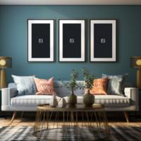 a living room with photo frame mockup AI Generative psd
