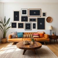 a living room with photo frame mockup AI Generative psd