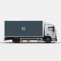 a white truck driving down the road with a black box on the back AI Generative psd
