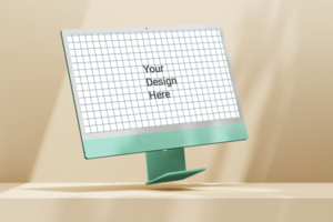 modern 24 inch digital screen display desktop computer editable mockup on podium composition psd