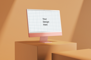 modern 24 inch digital screen display desktop computer editable mockup on podium composition psd
