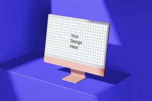 modern 24 inch digital screen display desktop computer editable mockup on podium composition psd