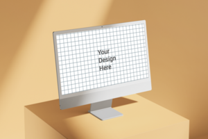 modern 24 inch digital screen display desktop computer editable mockup on podium composition psd