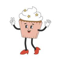 Groovy hippie cupcake with whipped cream. Cartoon character in trendy retro style. vector