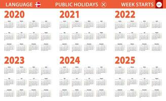 2020-2025 year calendar in Danish language, week starts from Sunday. vector