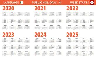 2020-2025 year calendar in Italian language, week starts from Sunday. vector