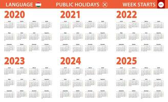 2020-2025 año calendario en húngaro idioma, semana empieza desde domingo. vector