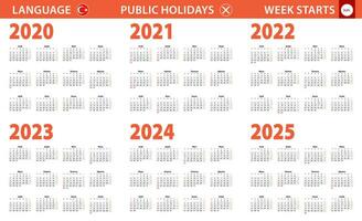 2020-2025 año calendario en turco idioma, semana empieza desde domingo. vector