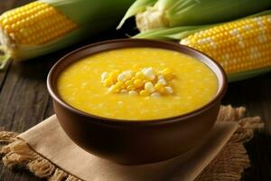 Delicious corn soup with corn on wooden table.Generative Ai. photo