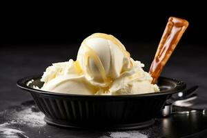 Vanilla ice cream on black stone background.Generative Ai. photo