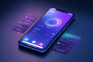 Mobile development concept, Isometric Smartphone Displaying futuristic UI and Holographic Windows. Mobile Innovation and software programming photo