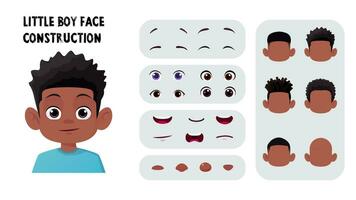 Black Cartoon Boy Face Construction, Child Avatar Maker with Afro Hair, Eyes and Mouth Premium Vector