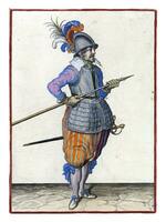 Soldier carrying his spear with both hands by his right side, the point pointing diagonally upwards and close to his belly photo