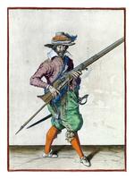 Soldier holding his musket diagonally upwards with his left hand while pulling his furket out from under the barrel photo