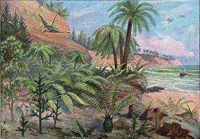 Landscape of the Jurassic Period, vintage engraving. photo