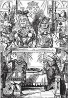 Frontispiece The King and Queen inspecting the tarts. Alice in Wonderland. vector