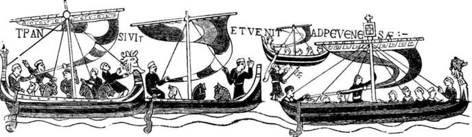 The vessels of William the Conqueror, After the famous Bayeaux Tapestry, vintage engraving. vector