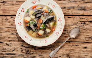 Mushroom soup on wooden background photo