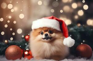 Spitz in a Santa hat against the background of a Christmas tree. Bokeh background. Generative AI photo