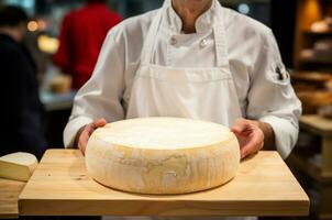 lechería producción. fabricante de queso. hombre participación un circulo de queso. generativo ai foto