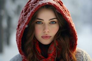 A beautiful red-haired woman of Slavic appearance in a fur coat in winter, beautiful eyes. Direct gaze. Generative AI photo