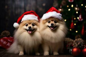 Two Spitz dogs in Santana hats against the background of a Christmas tree. Generative AI photo