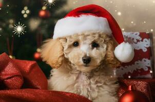 Poodle in a Santa hat with gifts near the Christmas tree. Generative AI photo