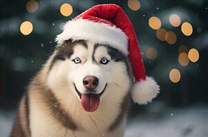 Husky wearing a Santa hat. Christmas Husky. Husky in winter. Bokeh in the background. Generative AI photo