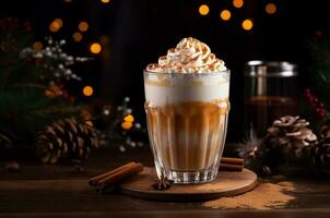 Christmas latte in a transparent glass with clove and cinnamon whipped cream. Generative ai photo