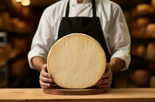 fabricante de queso. hombre participación un cabeza de queso. generativo ai foto