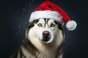 Husky Christmas photo shoot. Husky in santa hat with snowfall. Generative AI