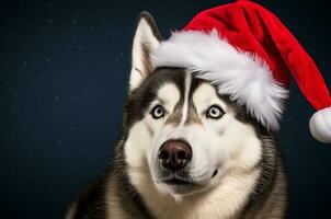 Handsome husky in santa claus hat on black background. Generative AI photo