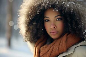 negro hermosa Rizado mujer en invierno, mujer en nieve. generativo ai foto